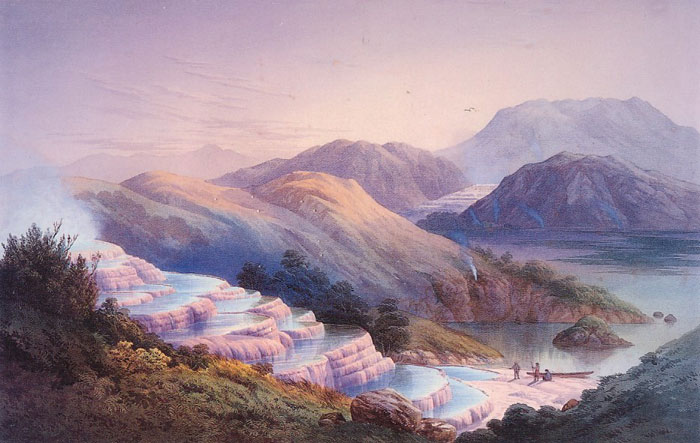 pink and white terraces. Painting of the Pink Terraces prior to 1886.