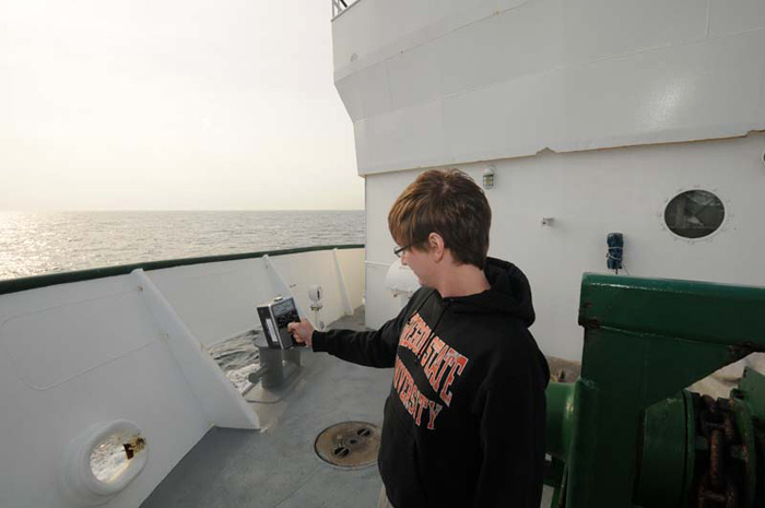 Jarvis Caffrey from Oregon State University makes his daily assessment of our effective dose on the ship. So far, weve received less radiation than we would have on land, primarily due to the lack of such naturally occurring sources as radon out here.
