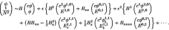 \begin{displaymath}\begin{split}\begin{pmatrix}\psi \\ [-2mm] _{b}\\ \overline{......{0,2} \end{pmatrix} \biggr\} + \cdots \, .\end{split} \tag{3}\end{displaymath}