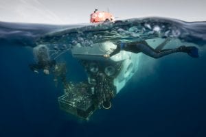Chris teamed up with writer Lonny Lippsett to document the sea trials of the newly refurbished ALVIN submersible in 2014.  Here the ALVIN team recovers the sub in the clear waters of the Gulf of Mexico. (Photo by Chris Linder, WHOI)