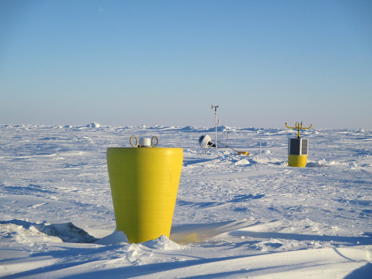 An ITP takes measurements below the ice while drifting across the Arctic Ocean. The instrument, developed at WHOI, has a motorized device that rides up and down a cable hundreds of meters long, measuring ocean properties and relaying data via satellite for up to several years. This ITP was installed in the Beaufort Sea in March 2014, part of a multiyear study to investigate the complex air-ice-ocean interactions that govern the formation and retreat of polar sea ice and help predict the Arctic Oceans ice cover in the future.
(Photo by John Kemp
© Woods Hole Oceanographic Institution)