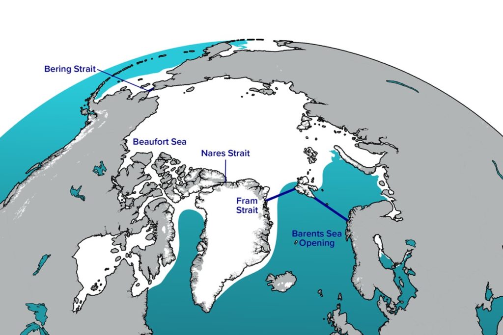 Figure 1. Map indicating the location of the Arctic gateways where the ocean heat transport is calculated. Credit: Natalie Renier from WHOI Graphics.