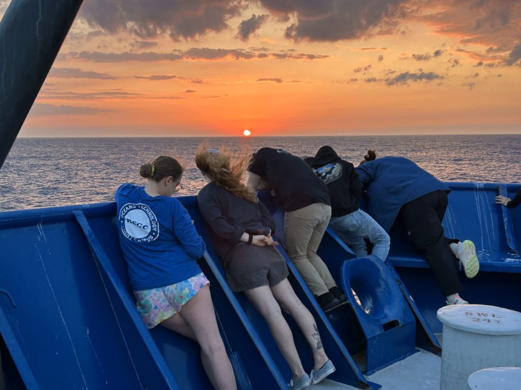 MIT/WHOI Joint Program students watch dolphins swimming in the bow wave while the R/V Roger Revelle was working in the Gulf Stream off Cape Hatteras. Photo provided by Glen Gawarkiewicz.